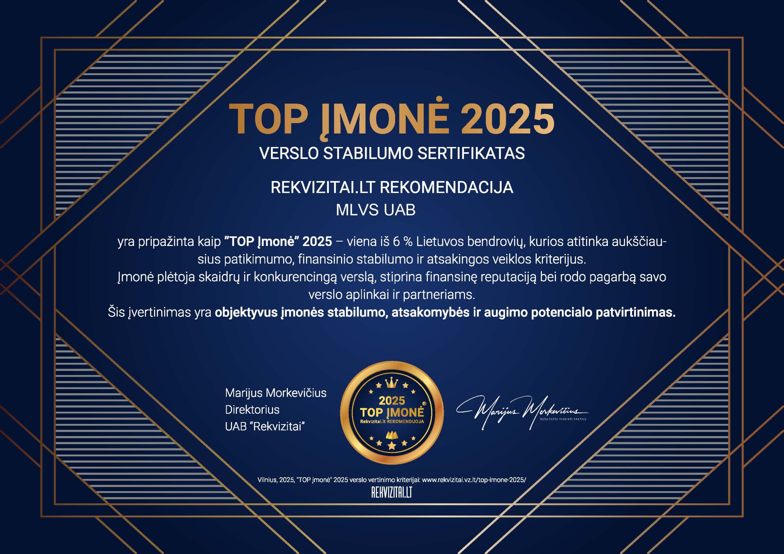 Top įmonė 2025 m. sertifikatas